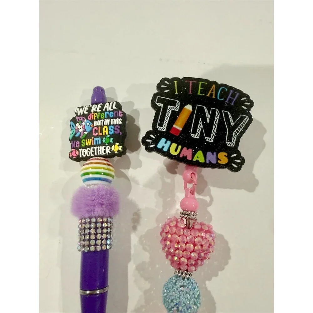 2 set-Teacher Badge Reel Refillable Retractable Pen Teach Tiny Humans cute gift
